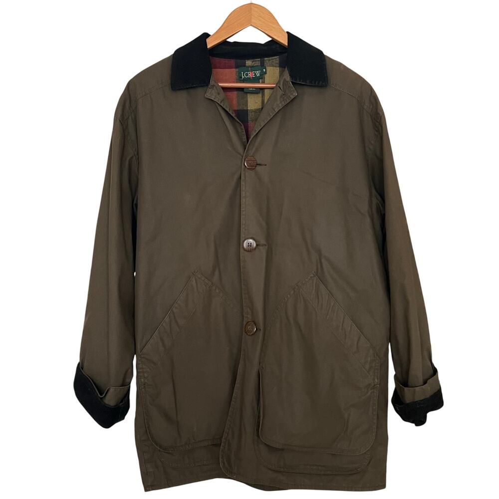 Vintage 90s J.Crew Oarsman Chore Barn Jacket Olive Green Flannel Lining Men’s Sm